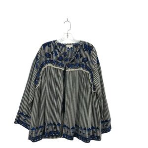 Velzera Cardigan Boho Size 3X 100% Cotton Gray Stripe Blue Embroidery Kimono
